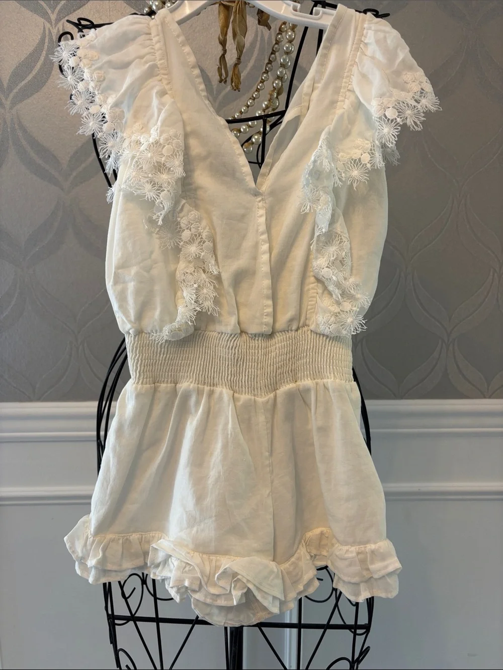 Peixoto Cream Ruffle Lace-Trim Romper